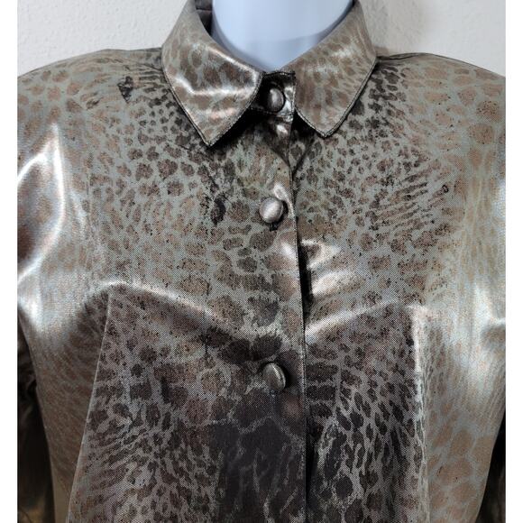 Vintage Connie Anderson Audio Gold Metallic Animal Print Button Up Top XS Soft - Picture 5 of 5